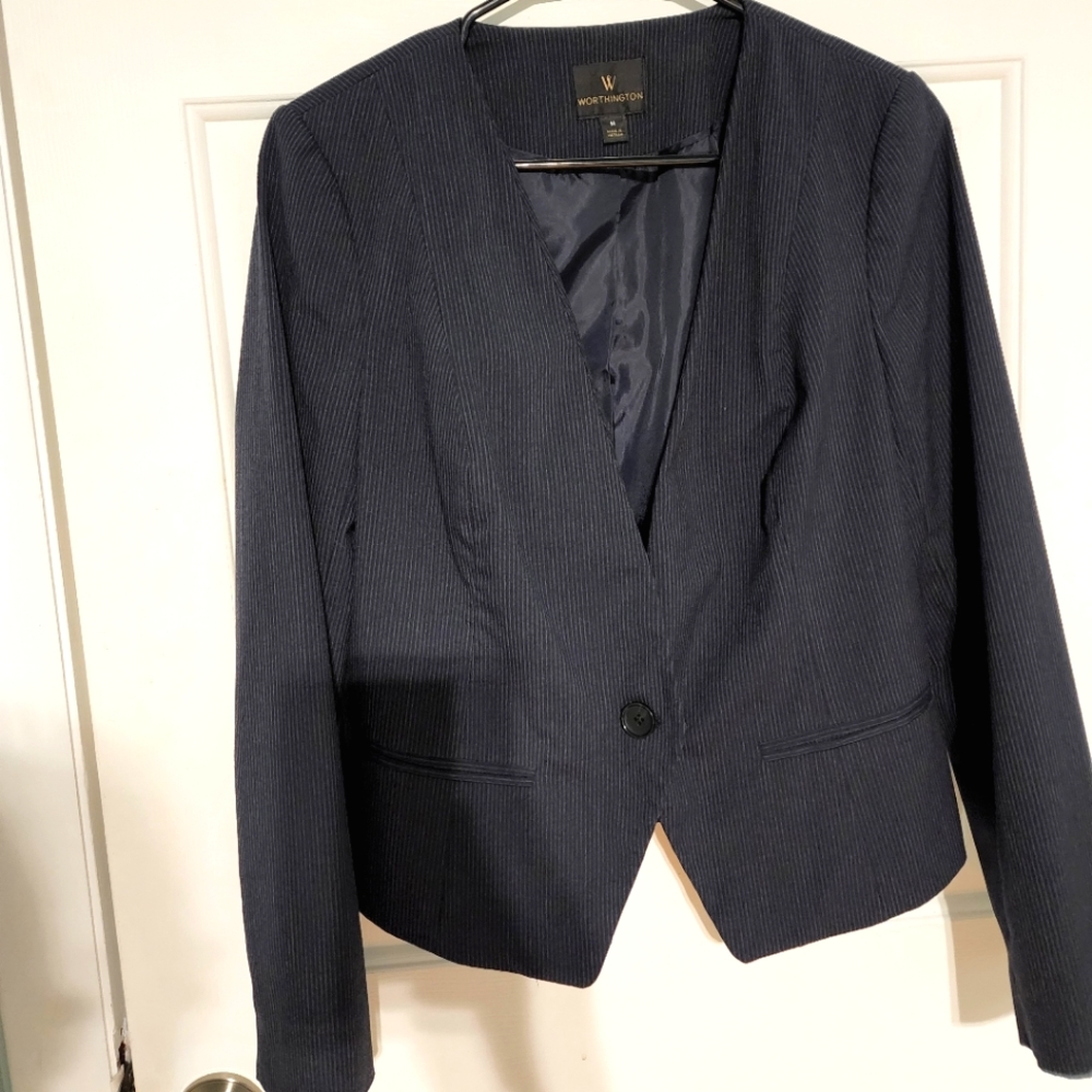 Fun navy & white pinstripe work suit that will keep you impressing.